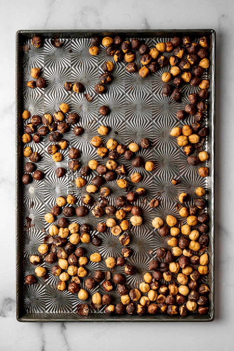 Roasted hazelnuts in sheet tray