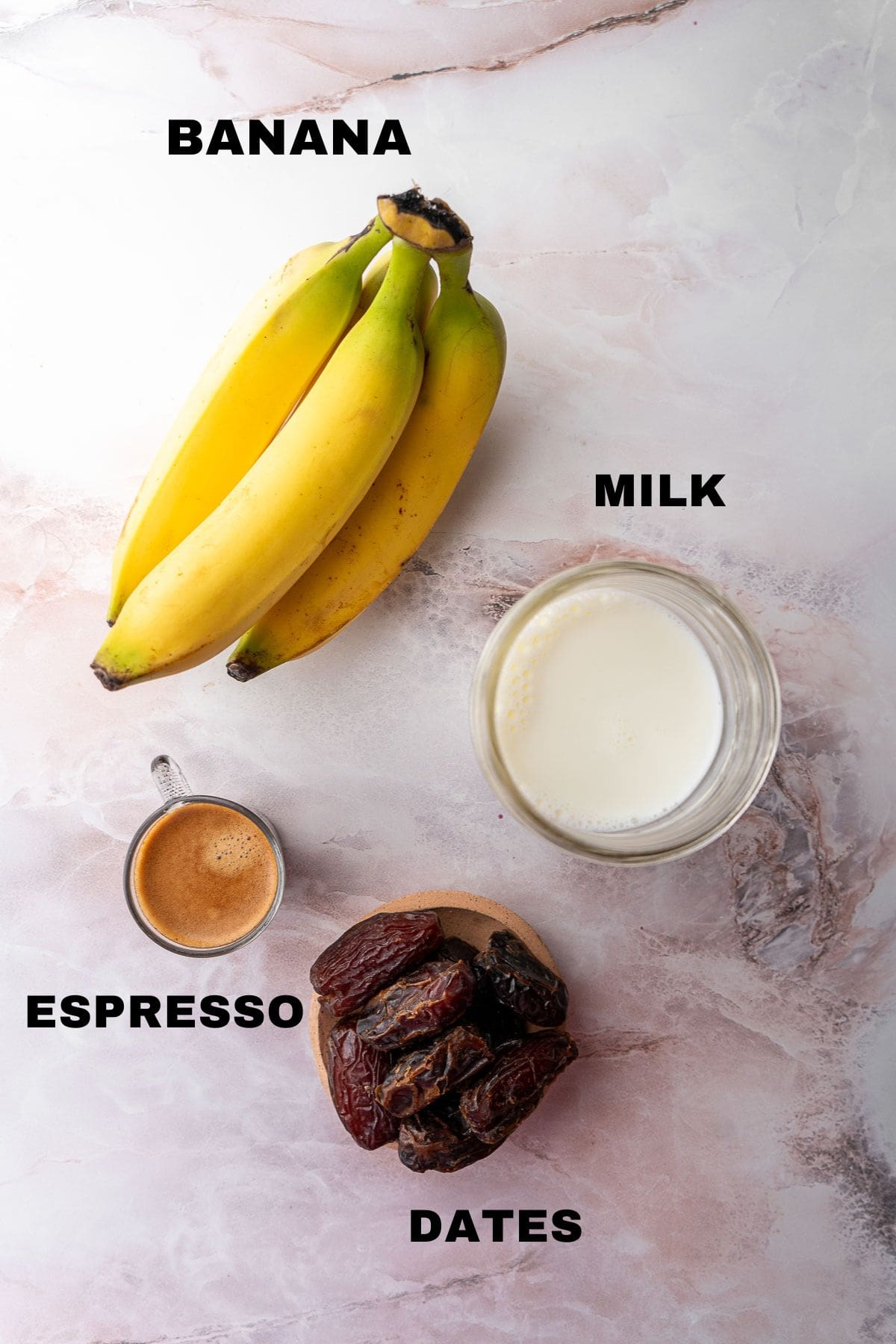 Banana, milk, dates, and espresso ingredients with labels.