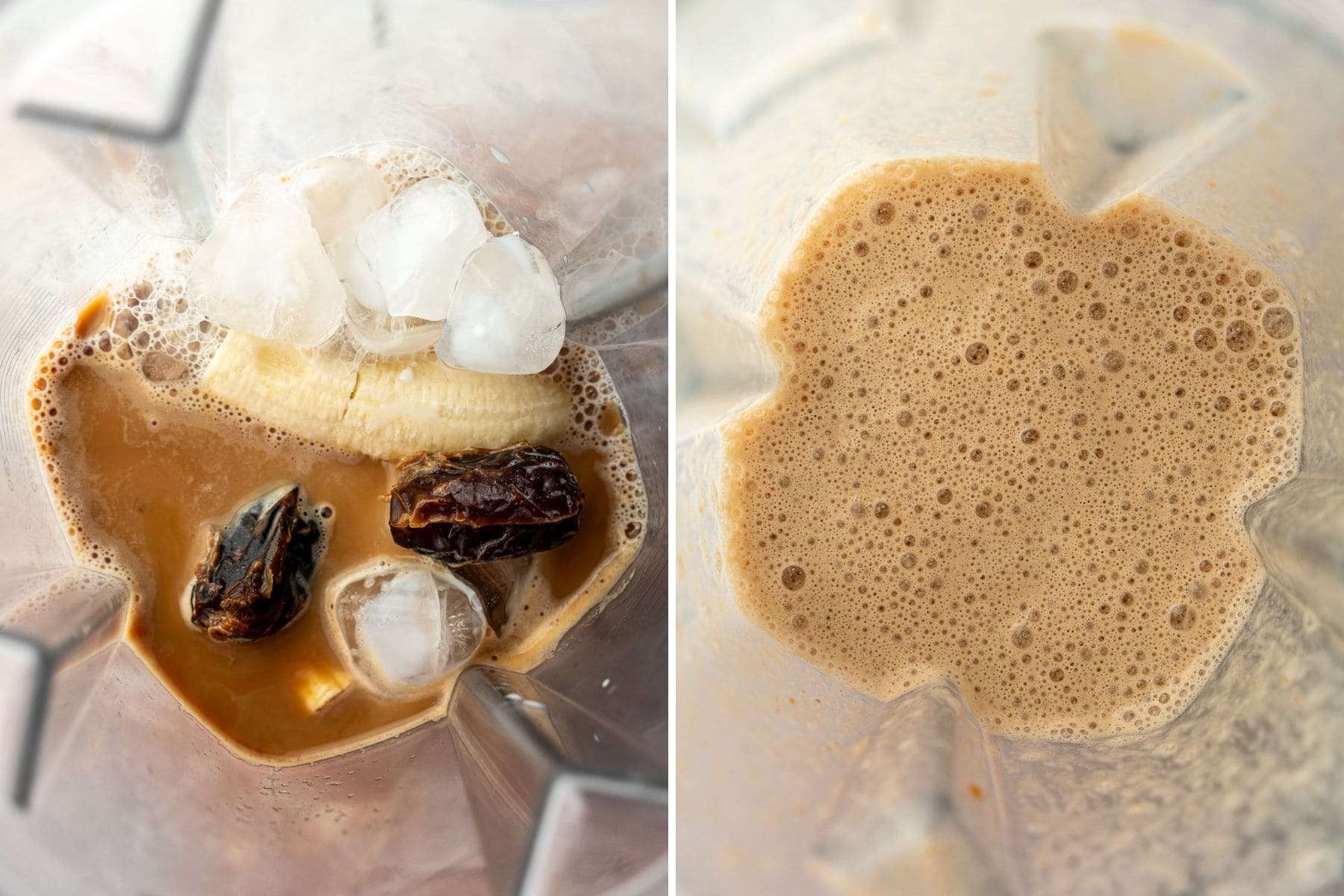 Collage of unblended and blended banana date latte.