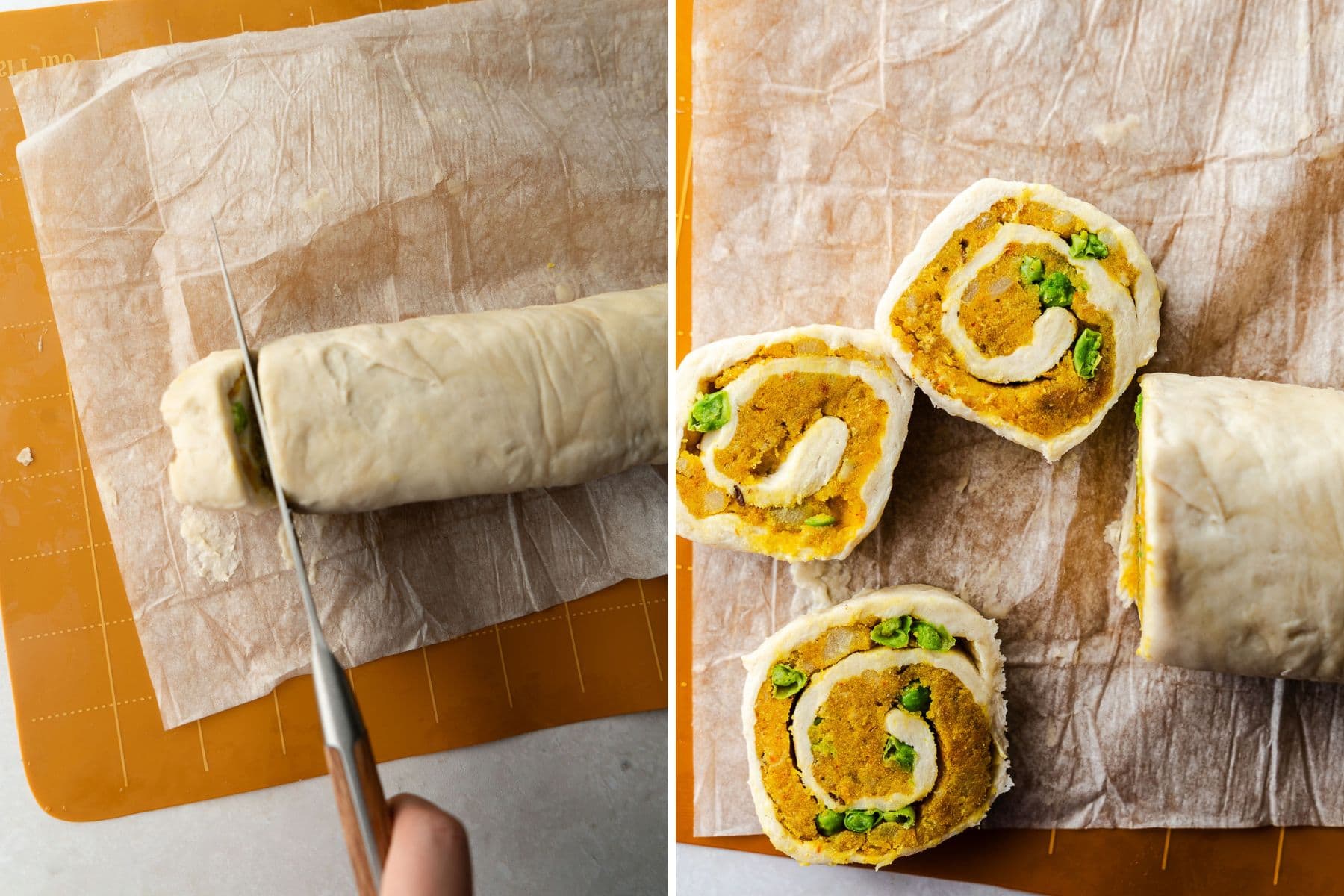 A collage of slicing the samosa log with a knife and then 3 pinwheels laying flat.