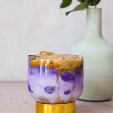 ube with milk and instant espresso in a highball glass