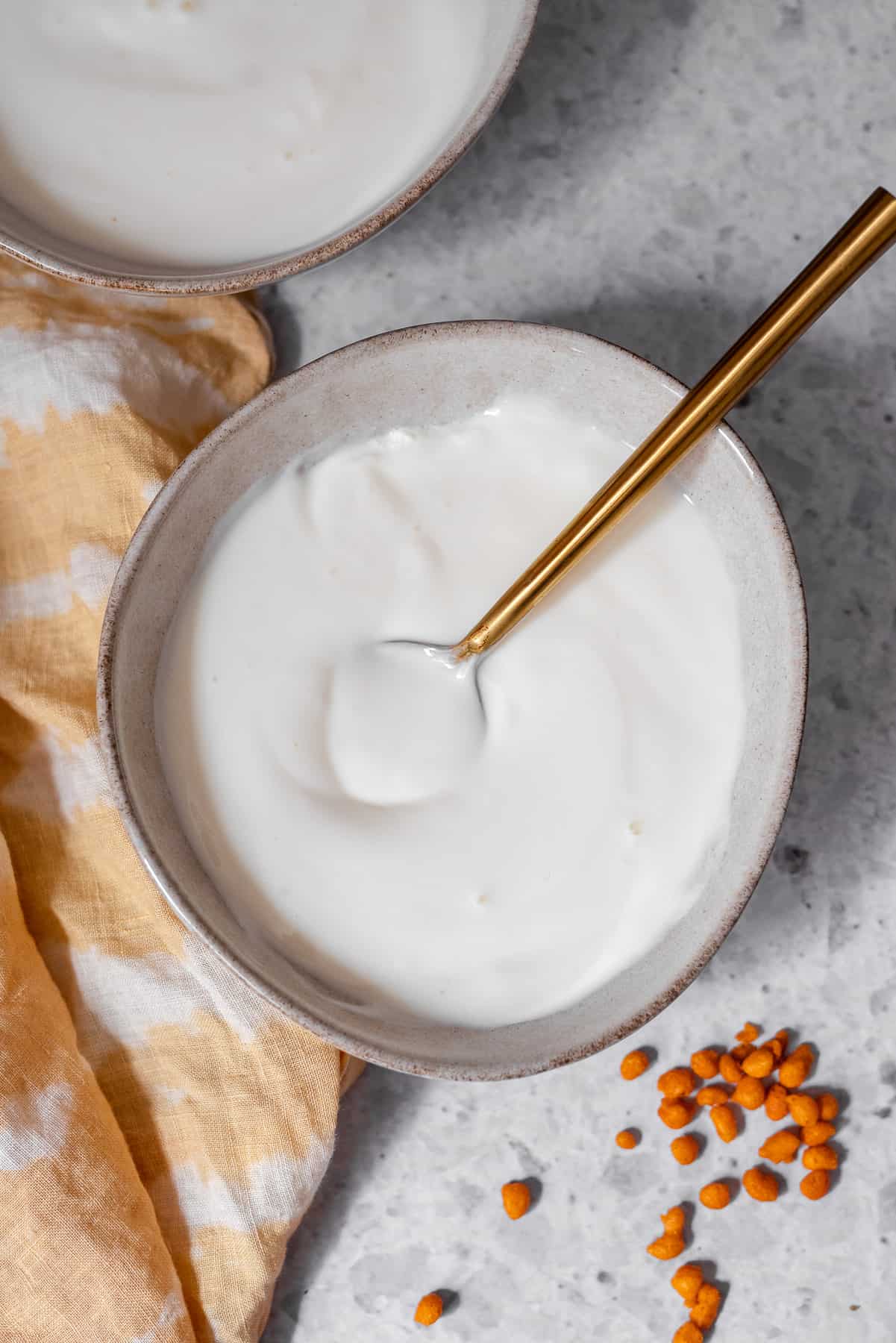 hausgemachtes Dahi in zwei Schalen mit Löffel und Boondi