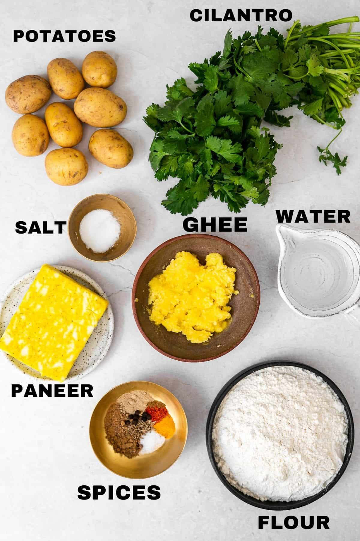 a flatlay of the paneer aloo samosa ingredients with labels