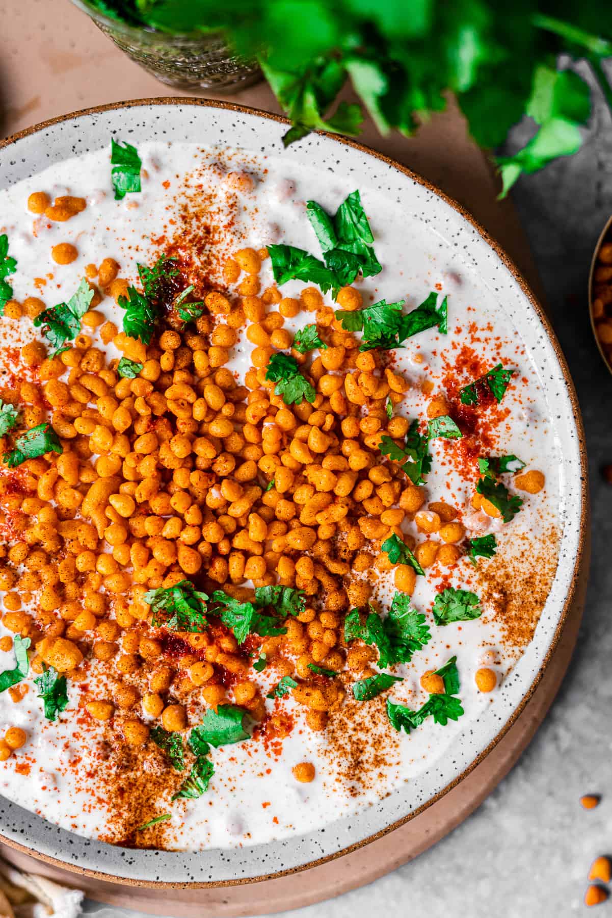 Boondi Raita in a big bowl close up