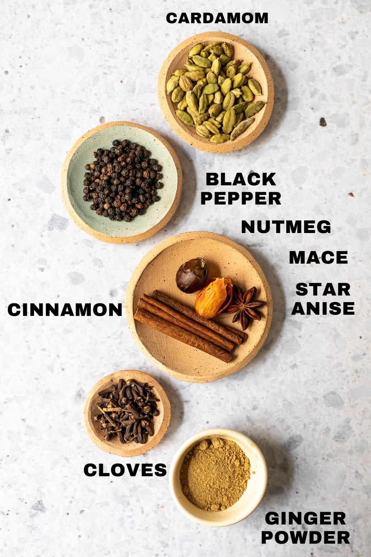 flatlay of spices for masala chai with labels