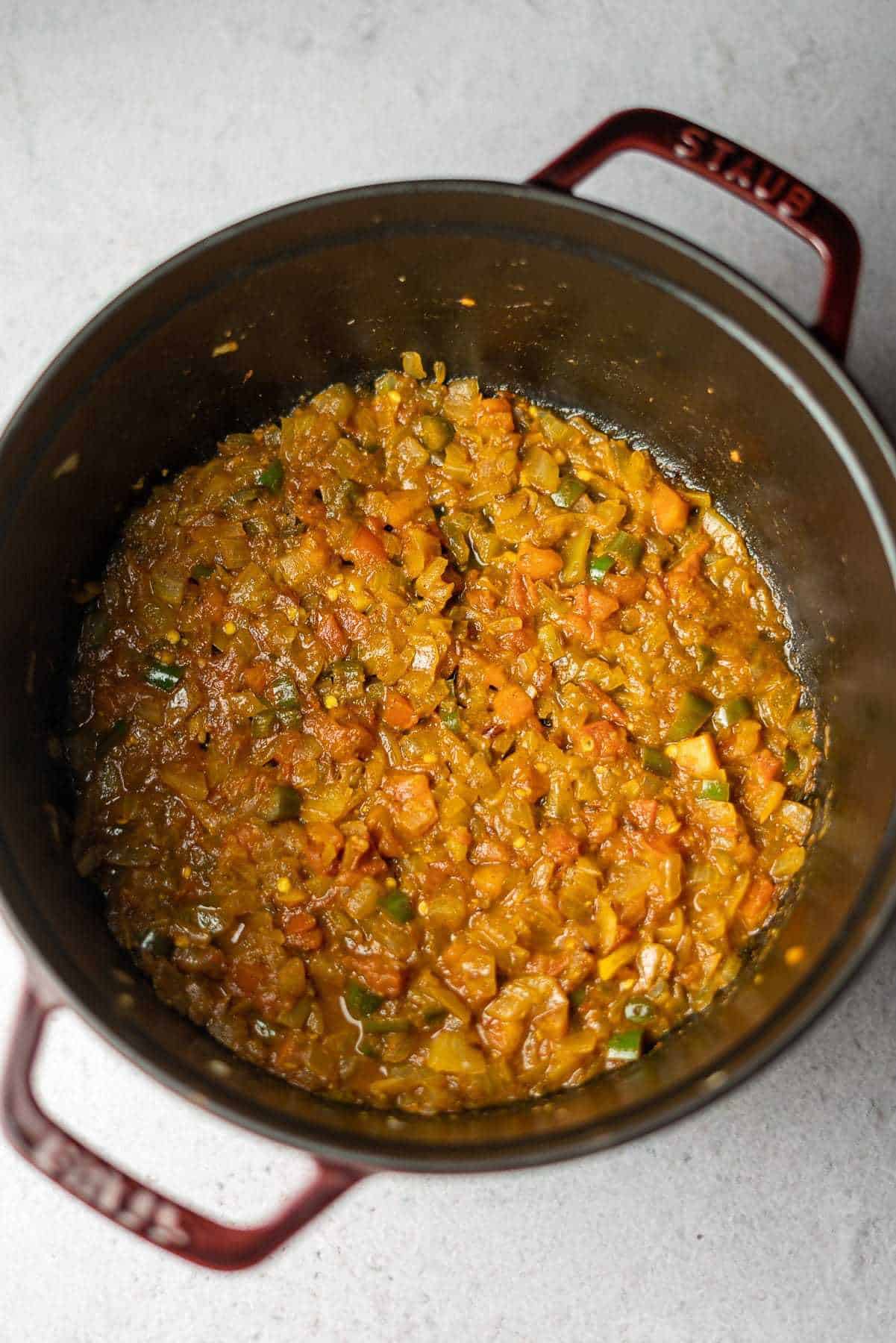 cooked down bhuna masala in staub cocotte