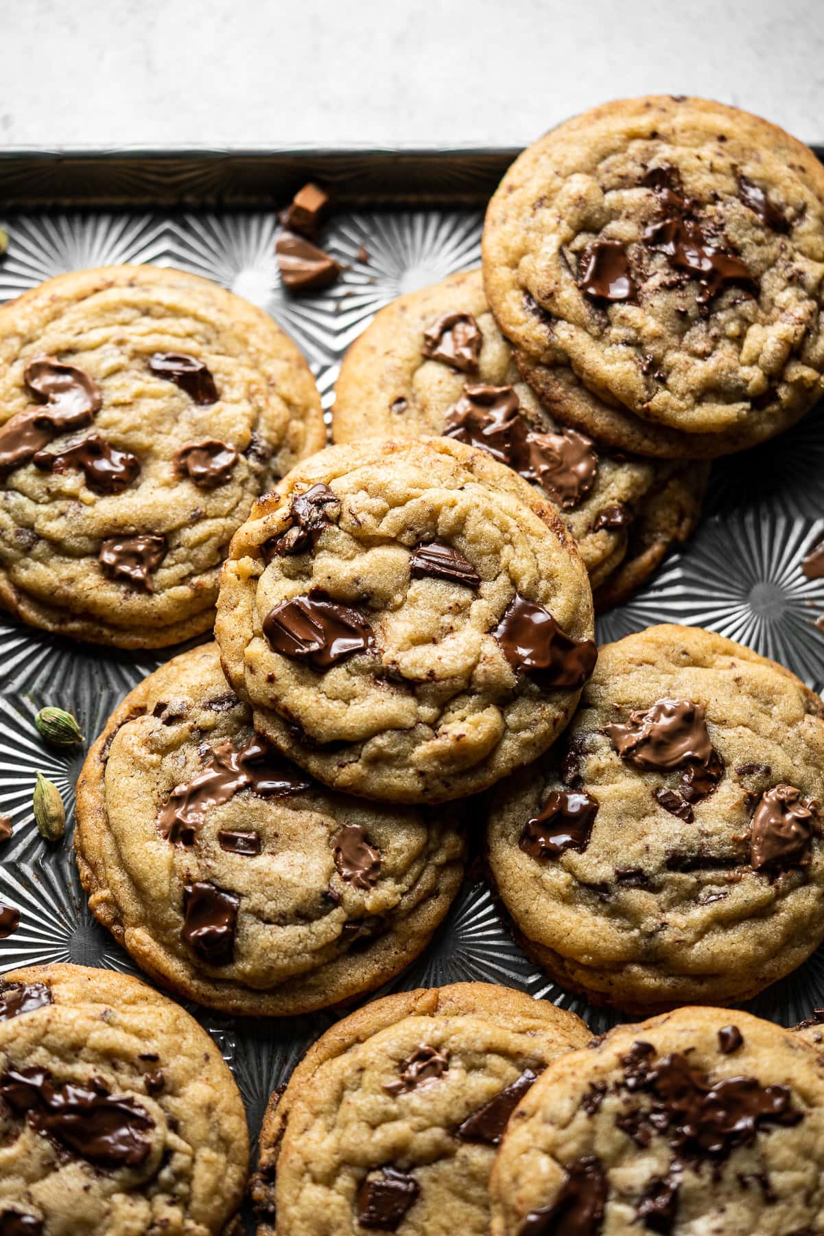 half a tray with chai spice chocolate chip cookies