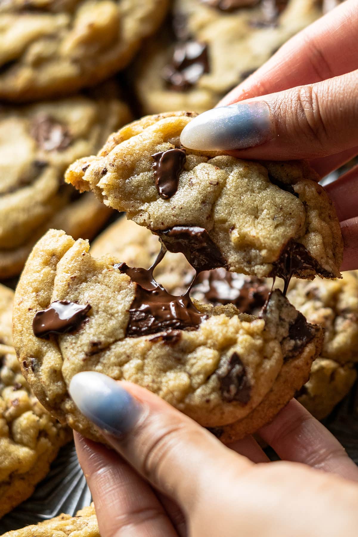 two hands pulling apart a chai chocolate chip cookie