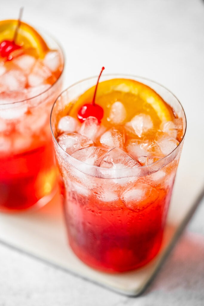 macro shot of two glasses of shirley temples