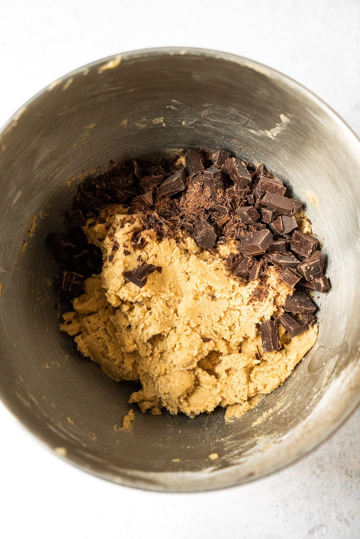 bowl with cookie dough and chocolate chunks