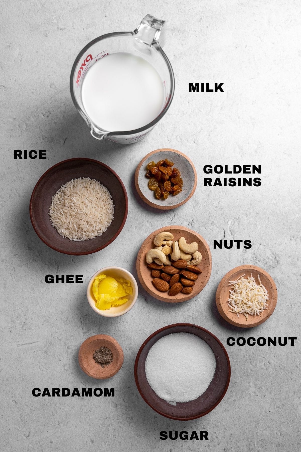 Rice Kheer Ingredients Flatlay with labels