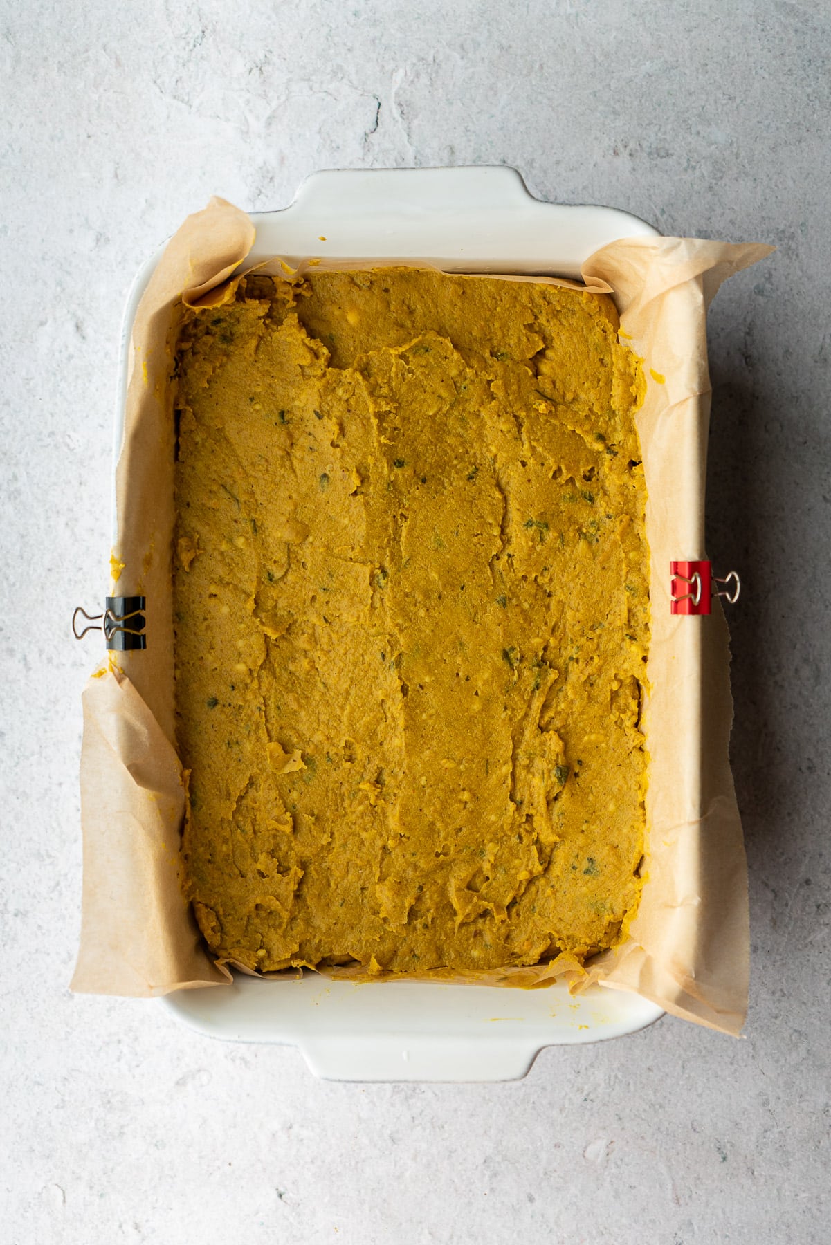 thickened chickpea fry batter in a baker