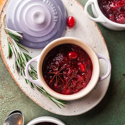 three mini cocottes with spiced ginger cranberry sauce