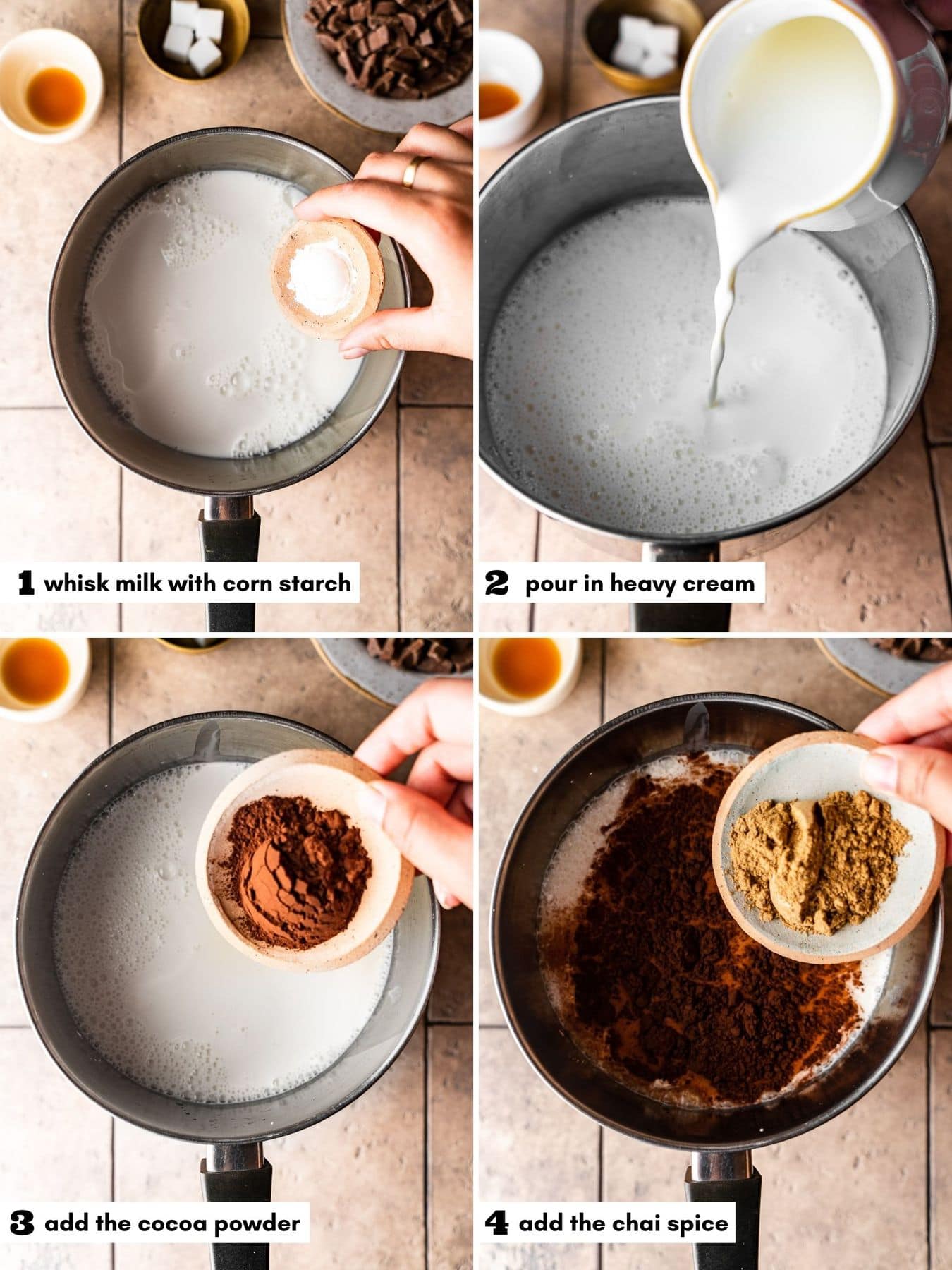 process images of making chai hot chocolate with labels