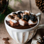 thick creamy chai hot chocolate in a white mug with torched marshmallows
