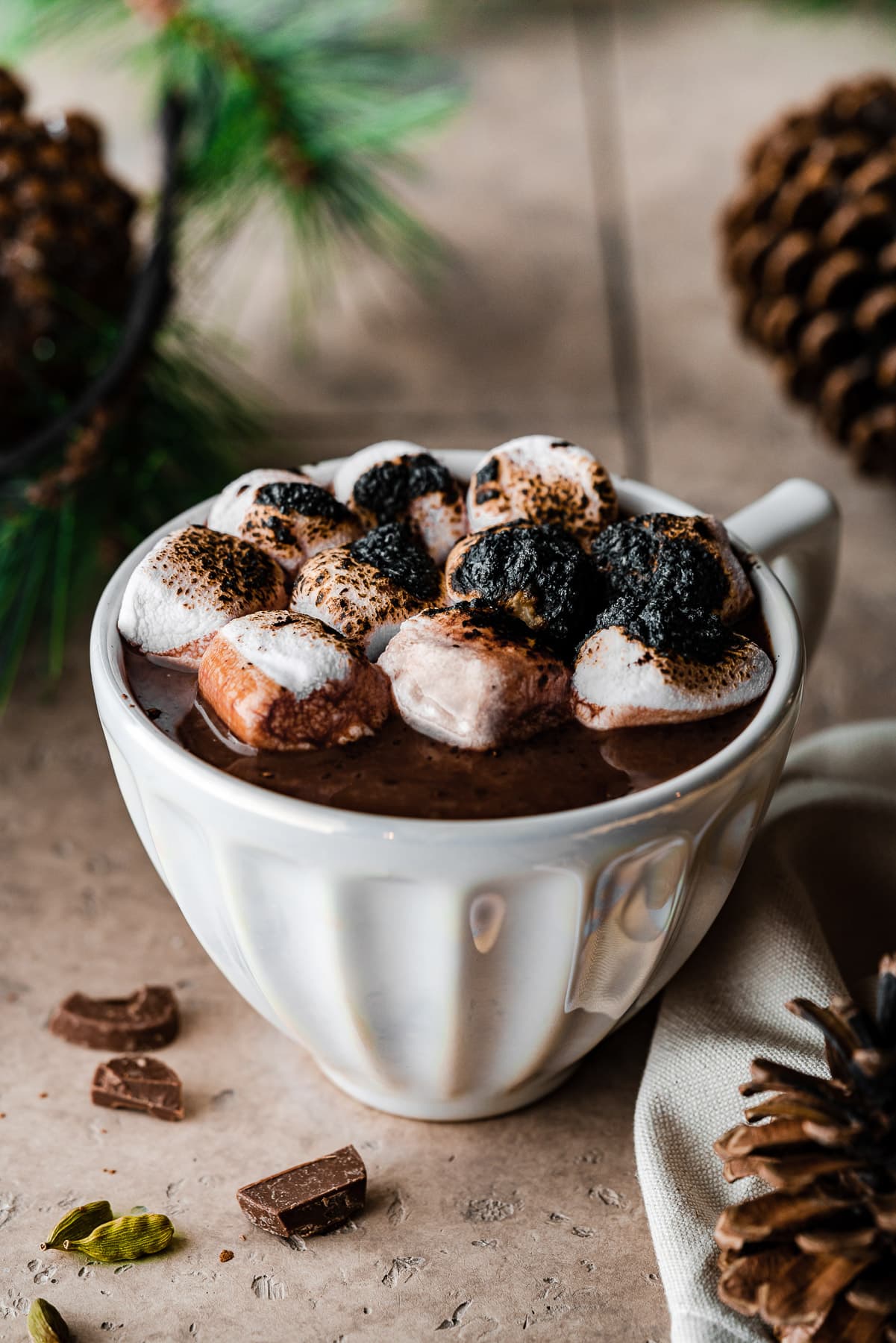 thick creamy chai hot chocolate in a white mug with torched marshmallows