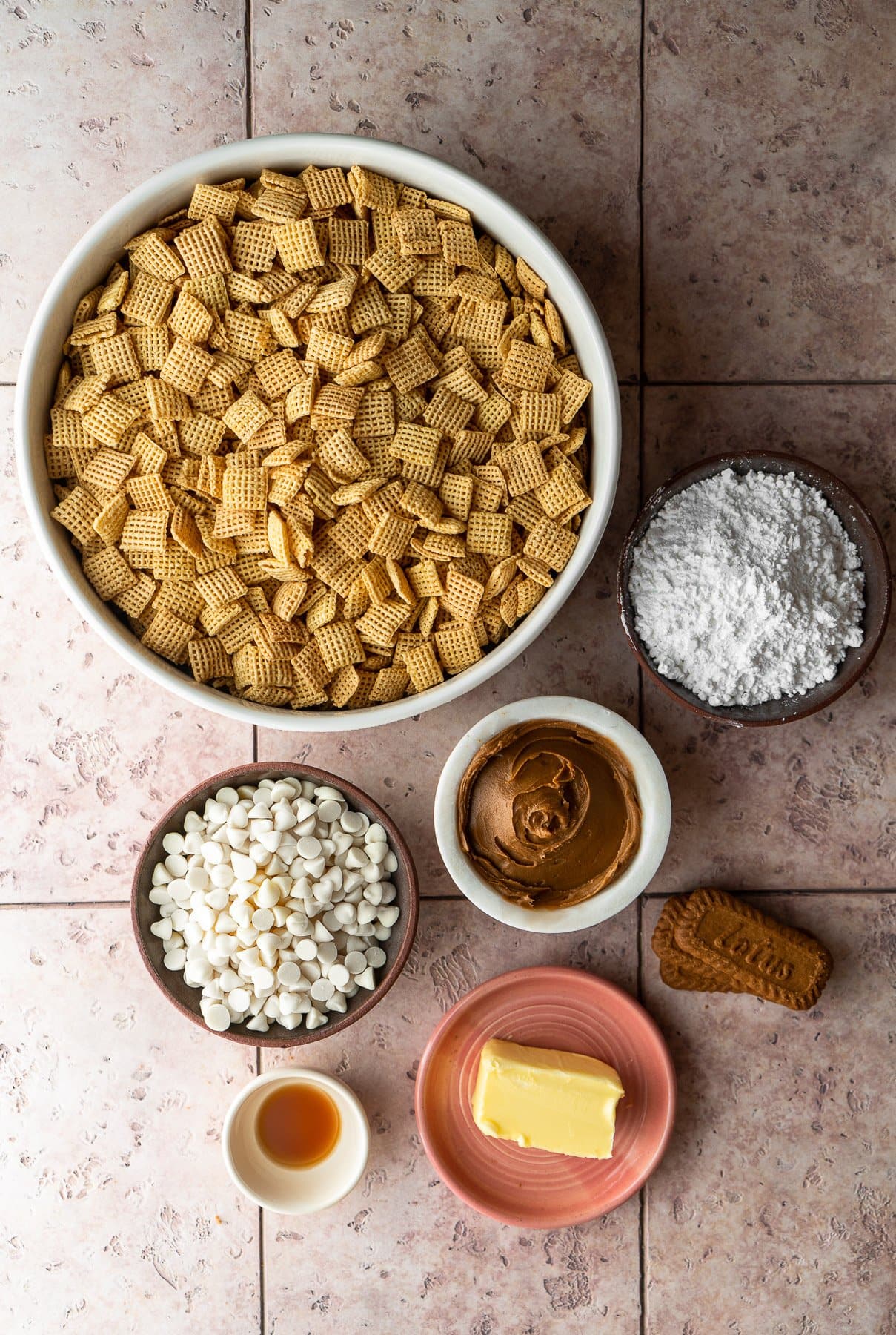 flatlay of ingredients for cookie butter muddy buddies