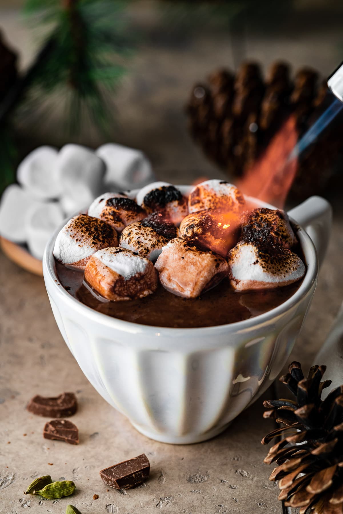 torching marshmallows on chai hot chocolate