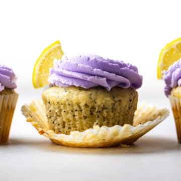 straight on shot of one lemon poppyseed cupcake