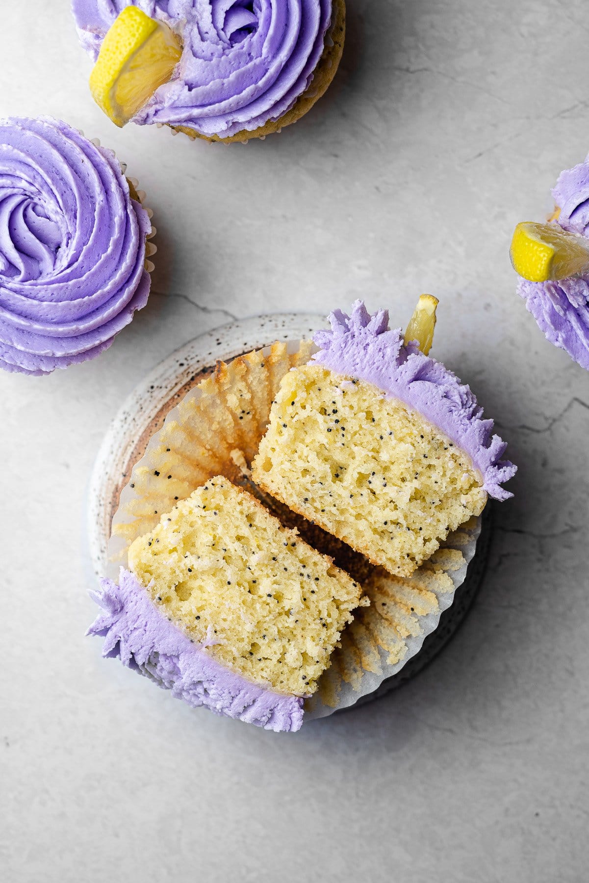 lemon poppyseed cupcake cut in half