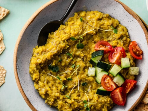 khichdi in a bowl with a spoon garnished with fresh vegetables
