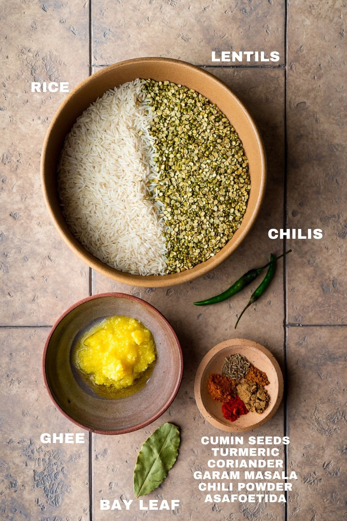 flatlay of khichdi ingredients with labels