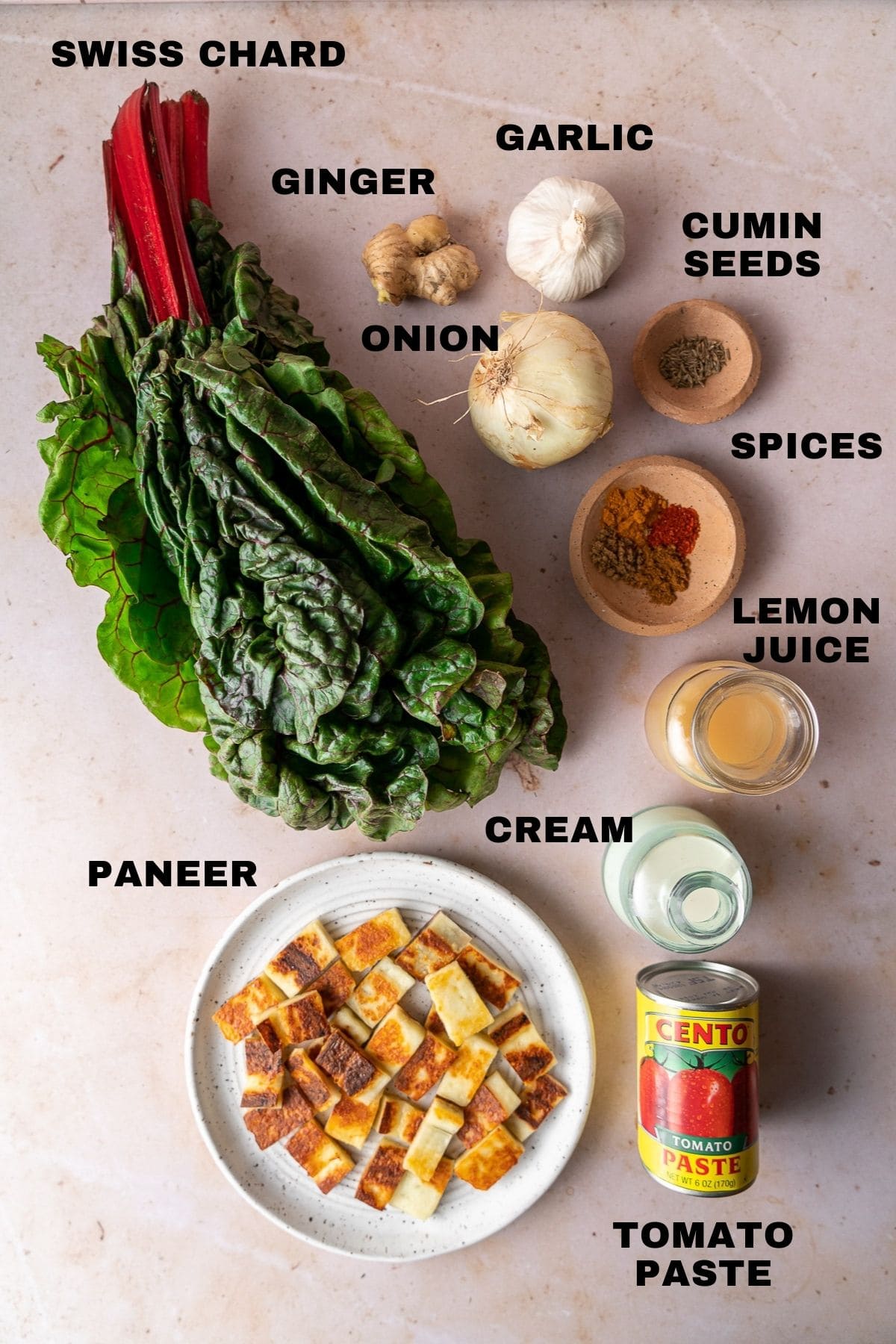 flatlay of ingredients for saag paneer with labels