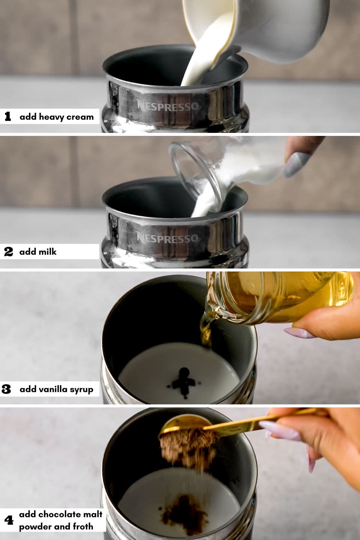 making chocolate cream cold foam in a nespresso aeroccino process collage
