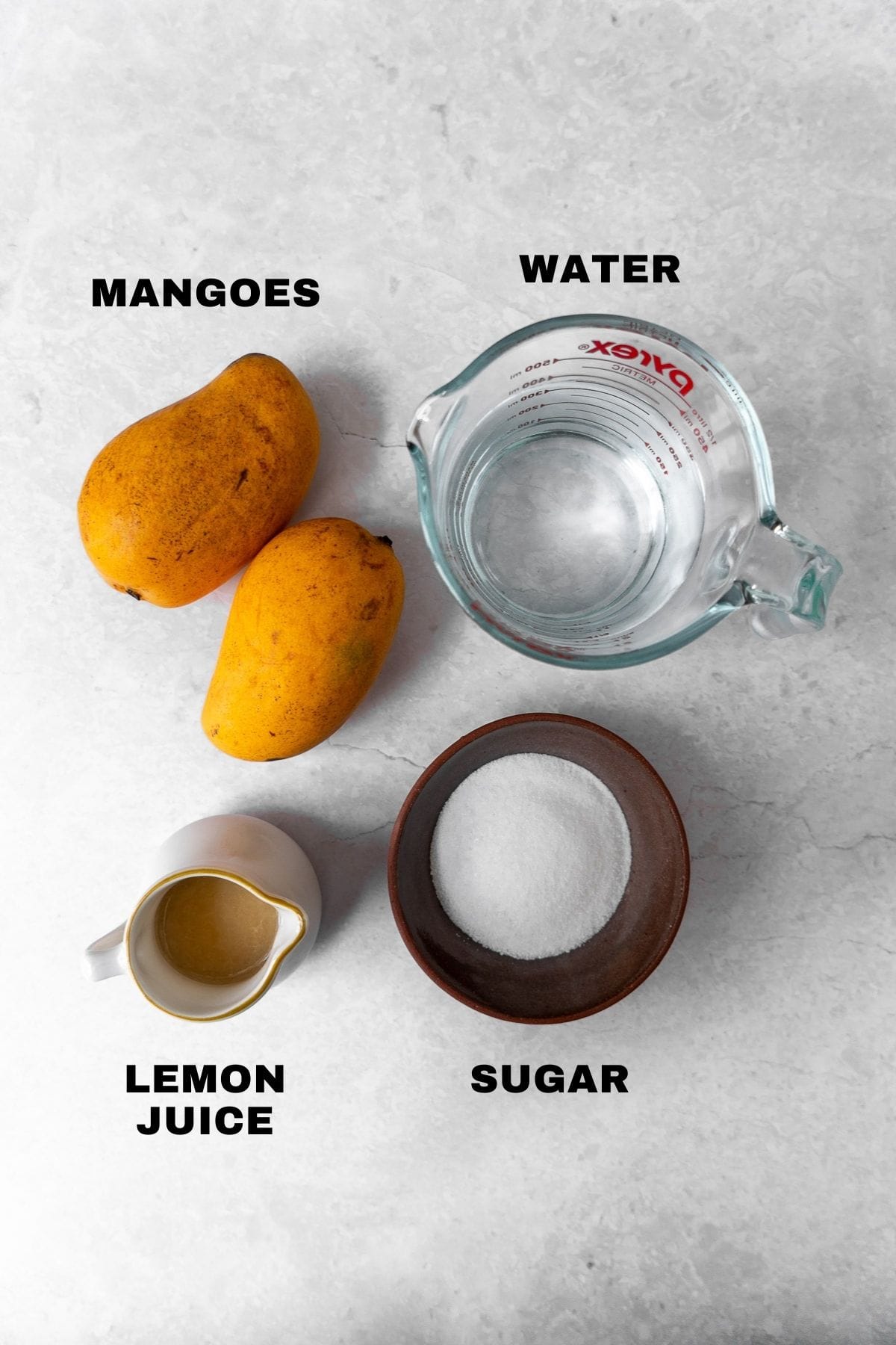 flatlay of mango juice ingredients with labels.