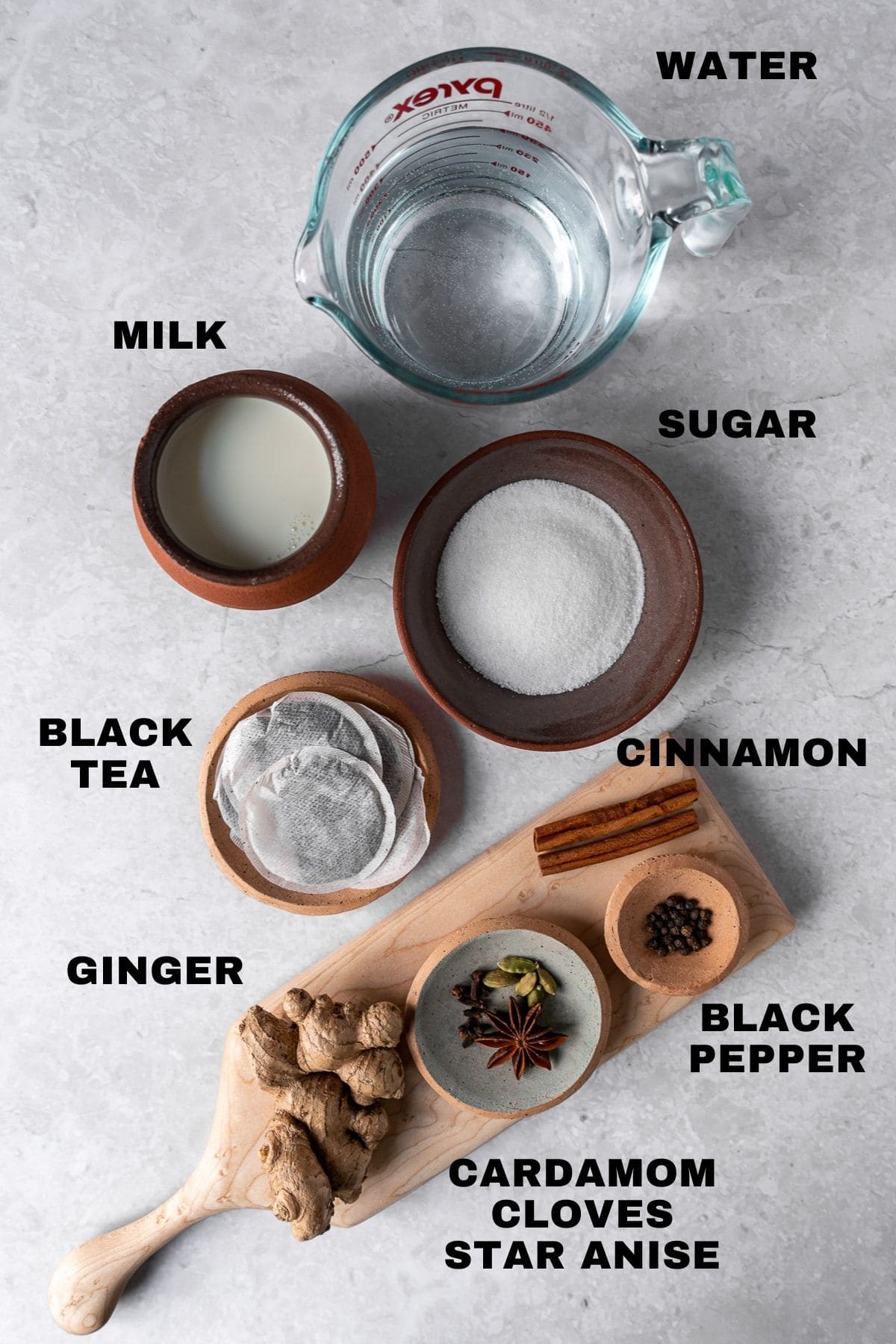 flatlay of ingredients for masala chai with labels