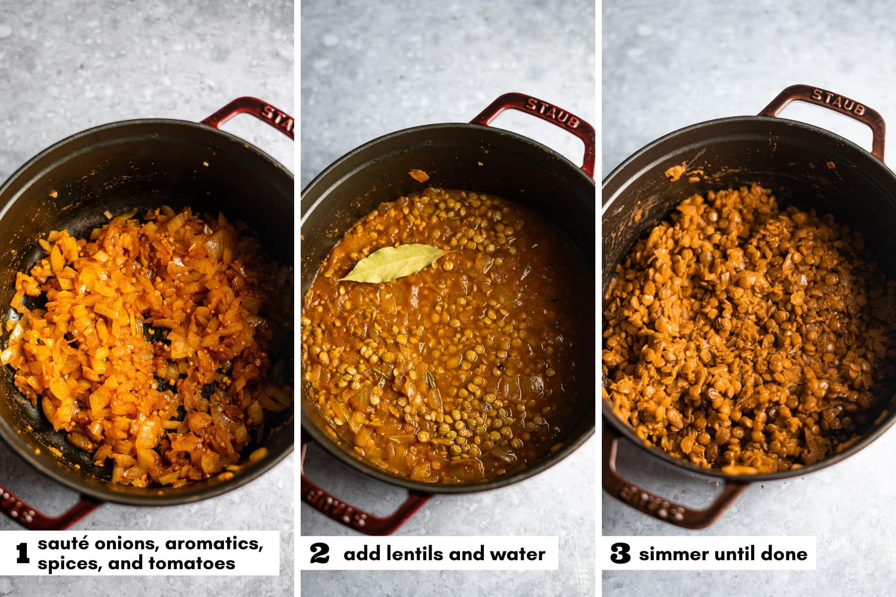 process shots of cooking whole masoor dal in dutch oven with labels.