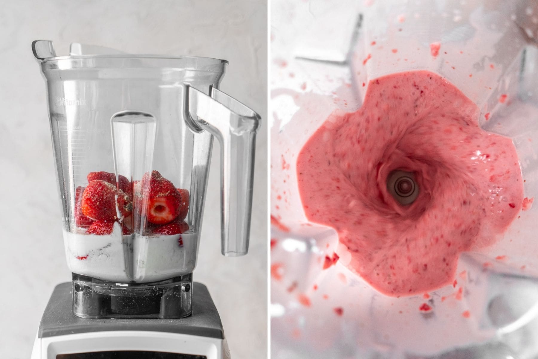 Collage of strawberry lassi in a blender and blending it.