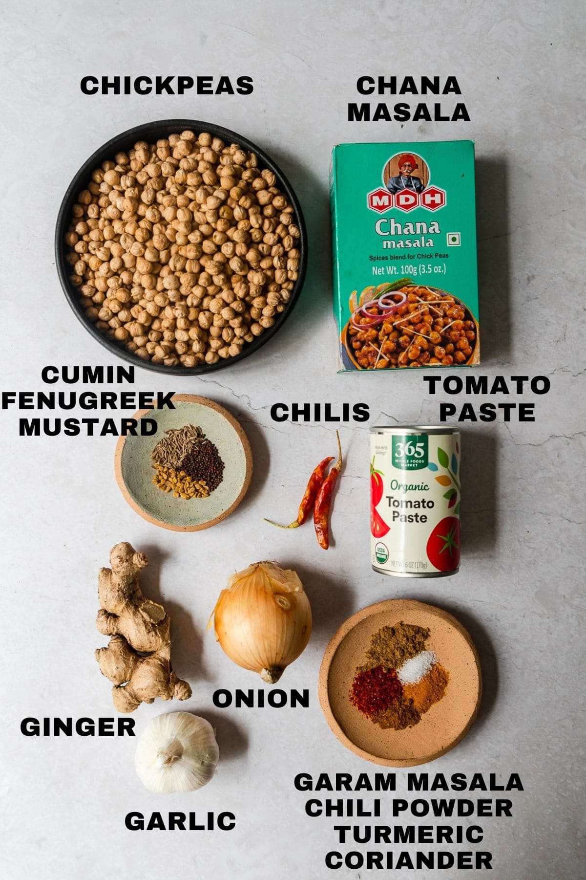 Ingredients for Chole with labels.
