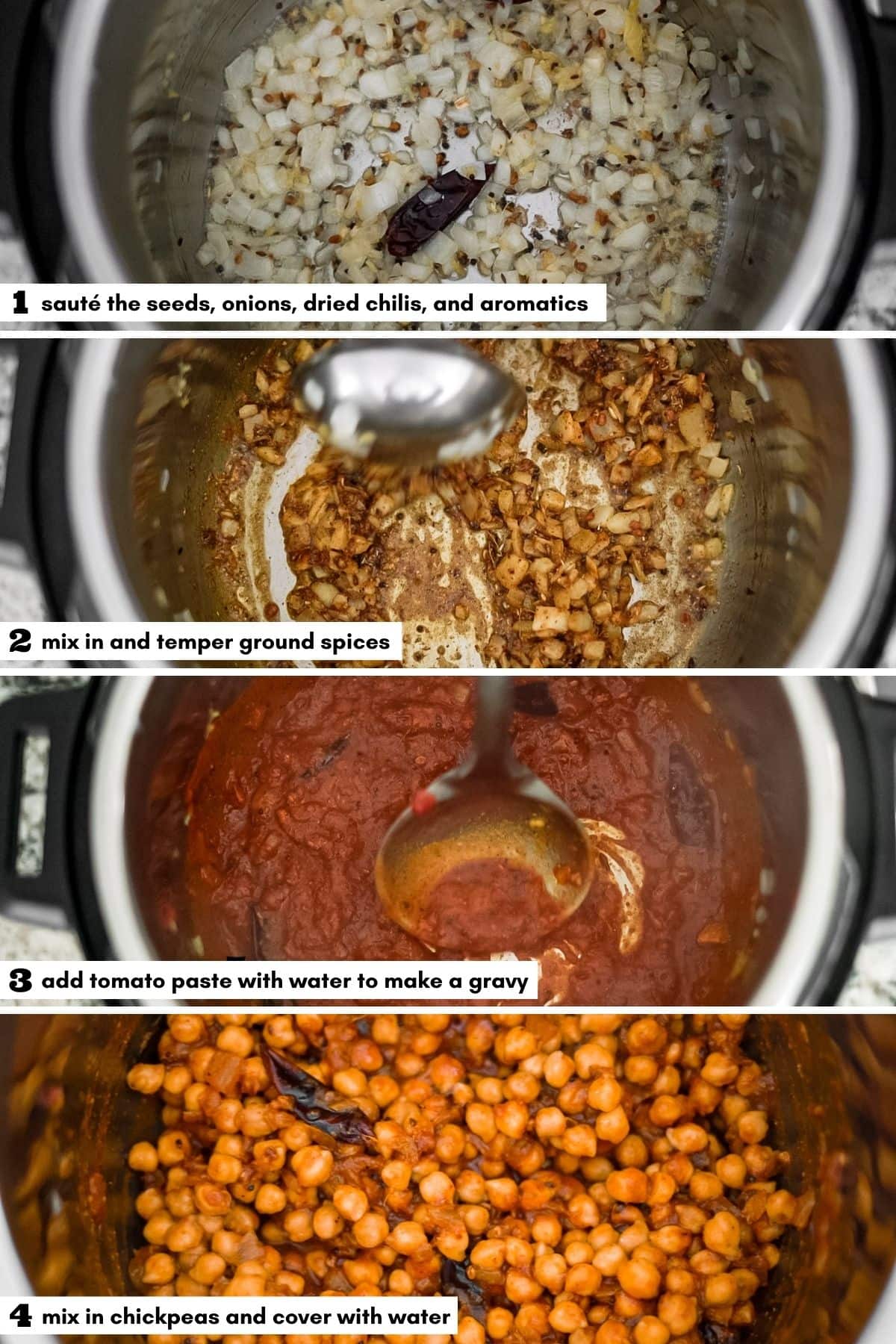 Collage of the process of making Chole with labels.