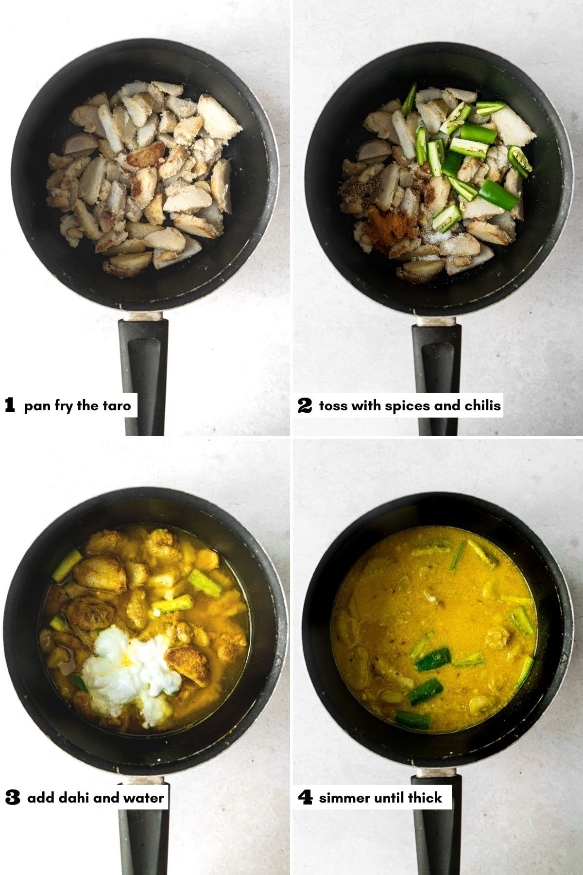Collage of cooking arbi sabzi in a pot with labels.