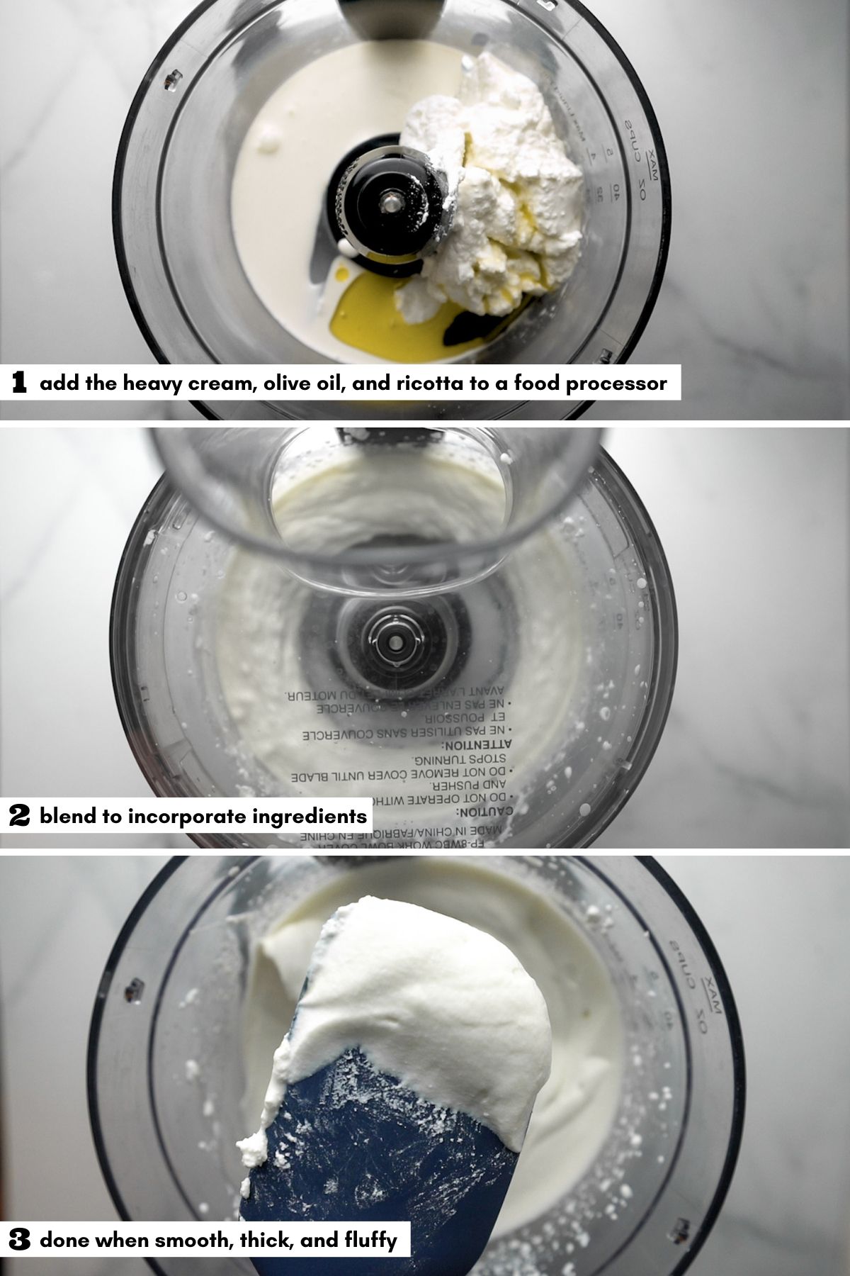 Whipping ricotta in a food processor collage with labels.