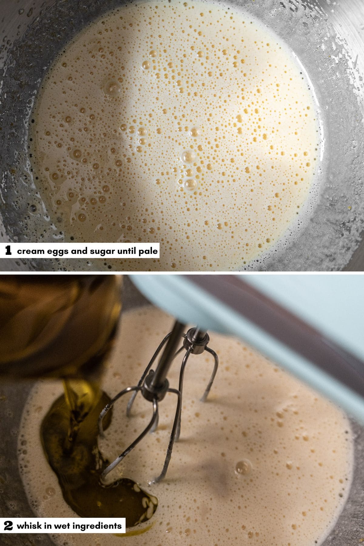 Olive Oil Cake Batter Process Collage with labels of instructions and numbered steps.