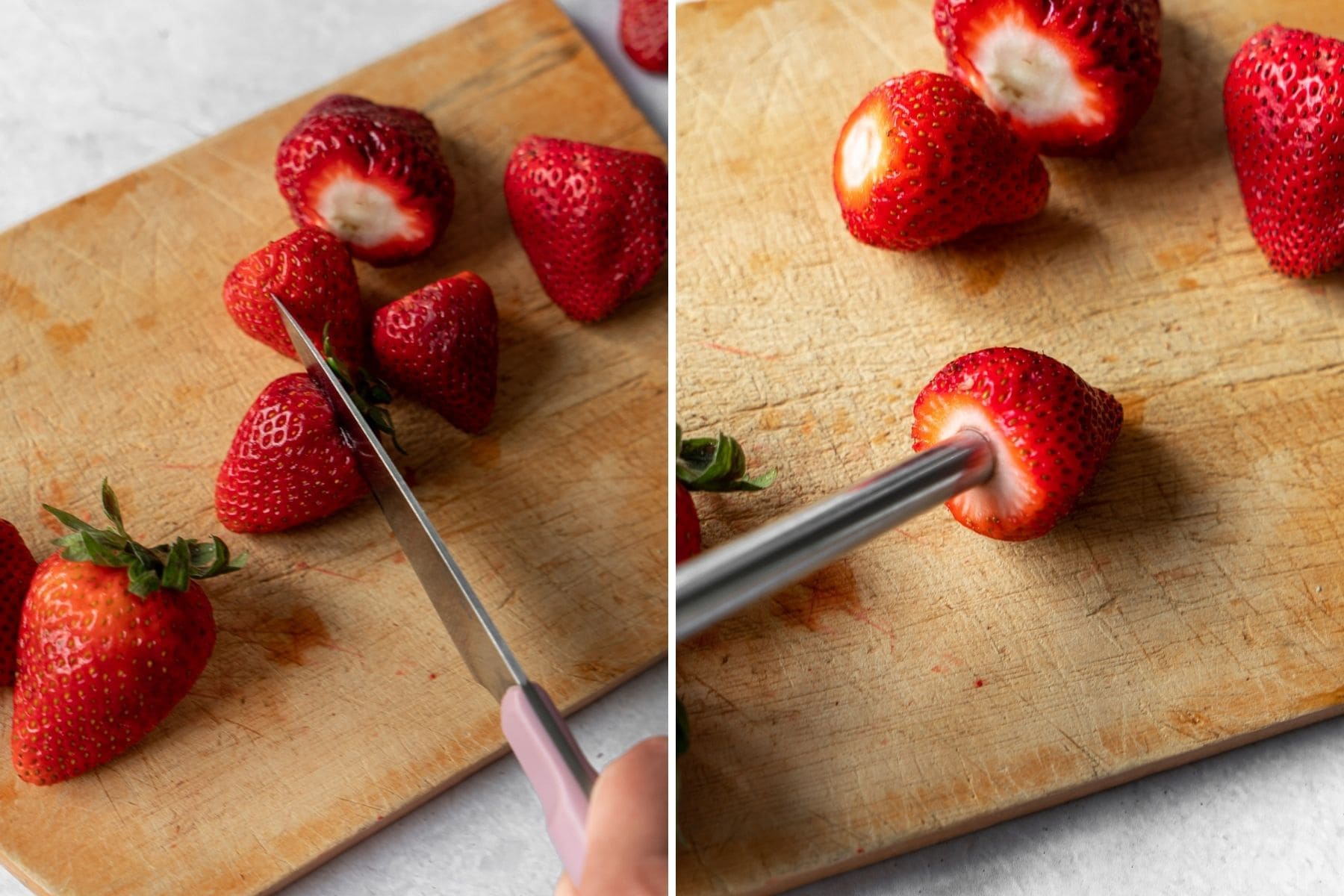 collage of removing stems and coring strawberries.