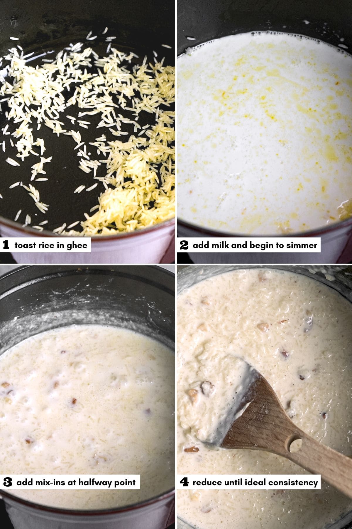 Collage of the process of making Rice Kheer with numbers and instruction labels.