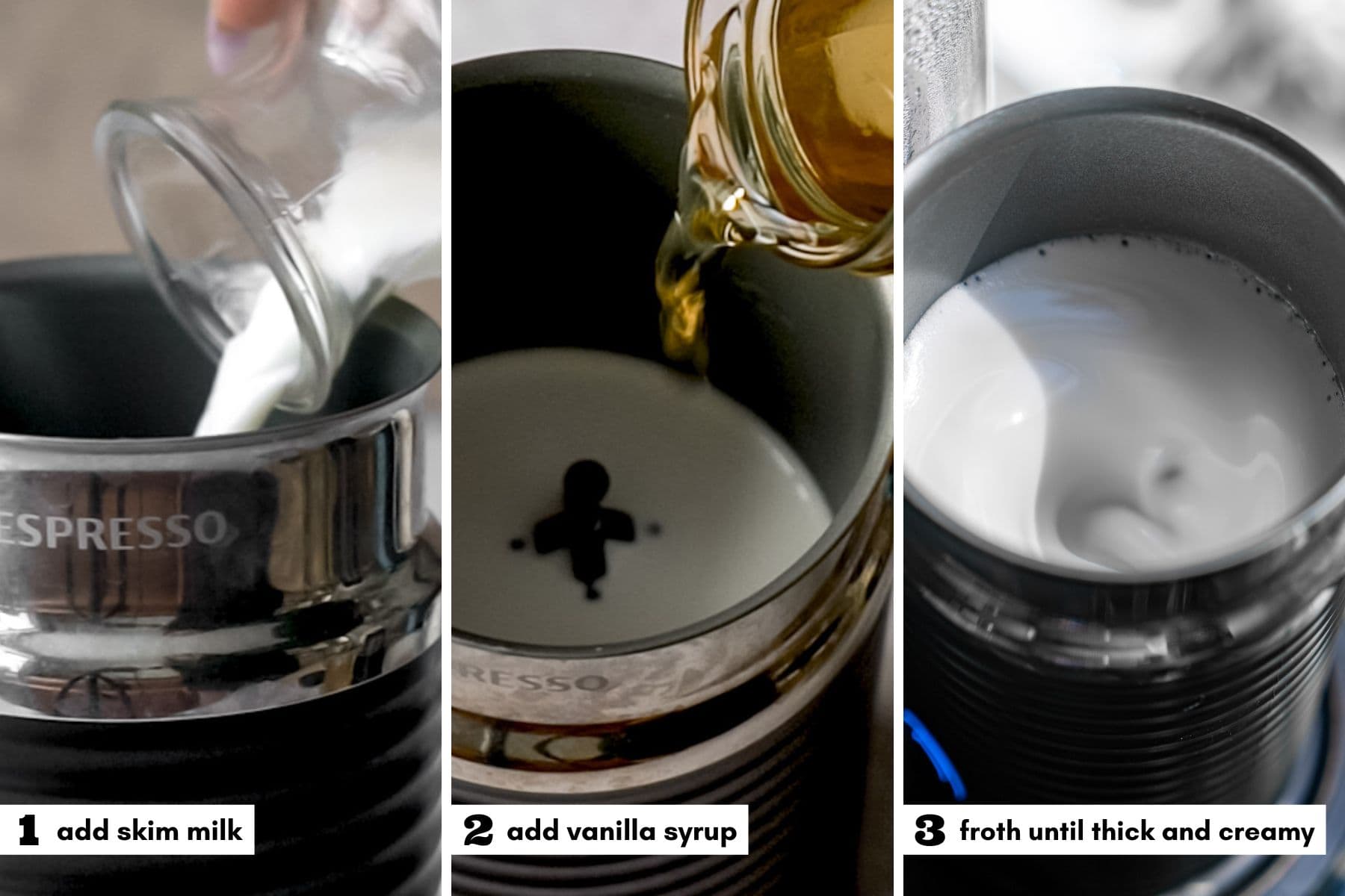 Process Collage with numbers and labels of making Starbucks Cold Foam in a Nespresso Aeroccino.