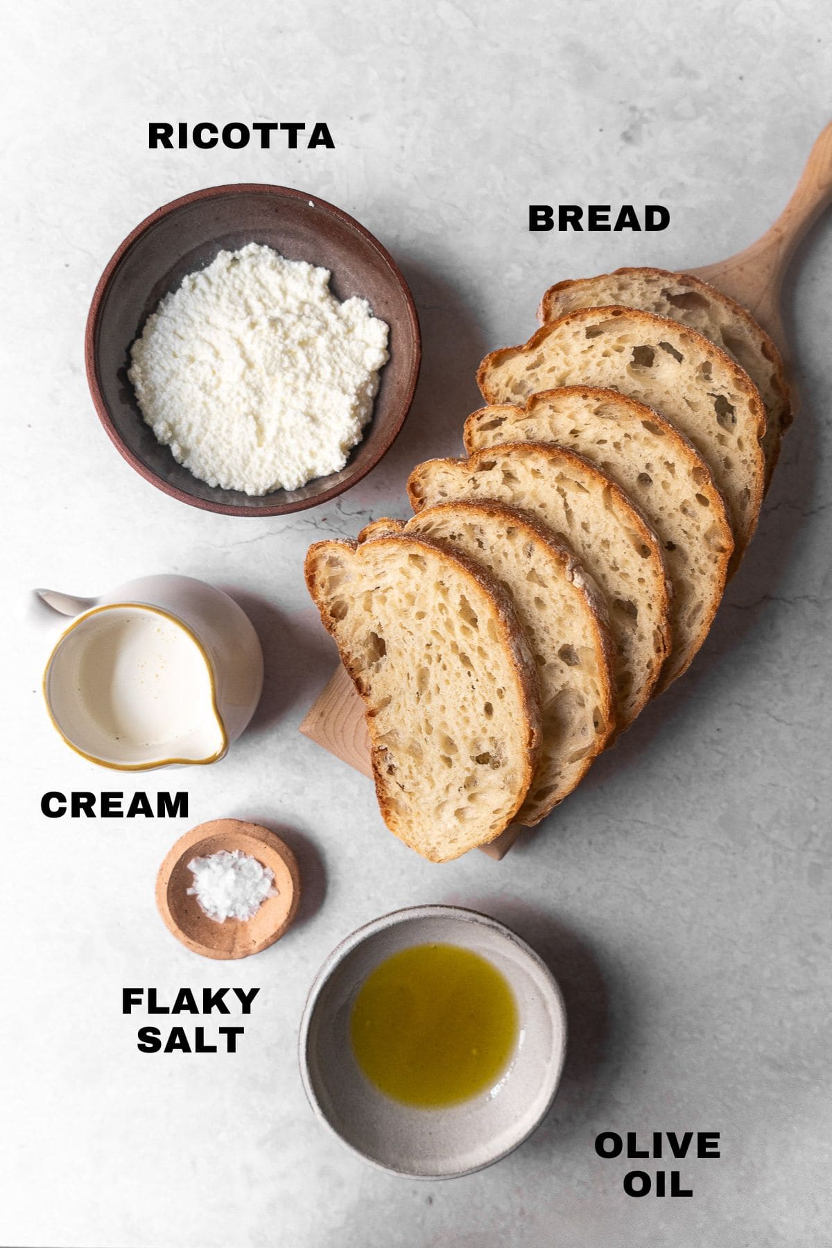 Ingredients for Whipped Ricotta Toast with labels.