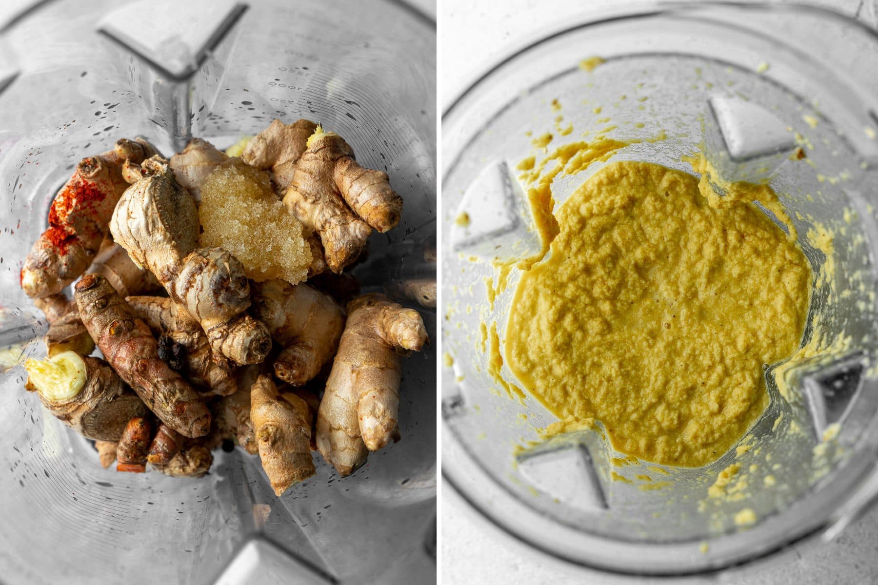 Ingredients for a ginger shot blended in a vitamix collage.