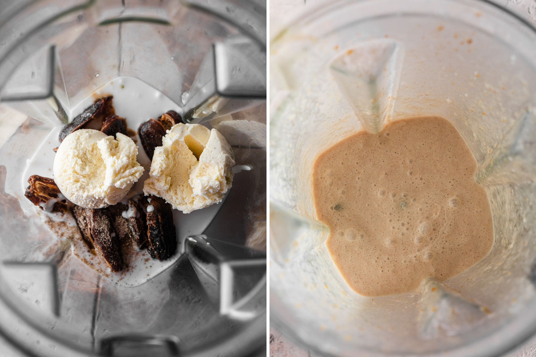 Ingredients for date shake in blender, then blended smooth as a collage.