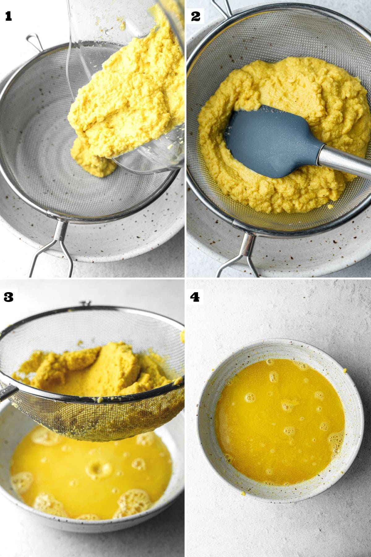 Process collage with numbers for pouring out the blended ginger shot ingredients and straining it over a bowl.