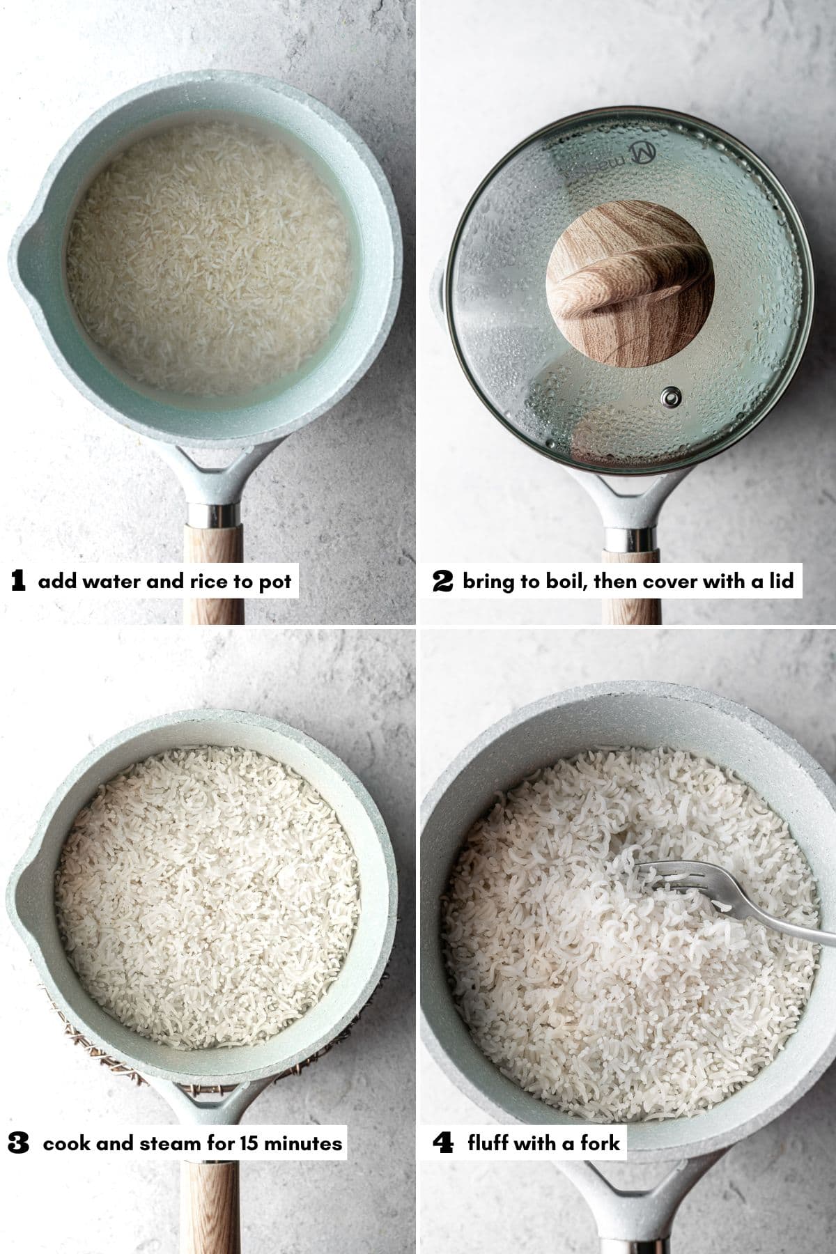 Collage with numbers and descriptions of steps to making basmati rice in a sauce pan.