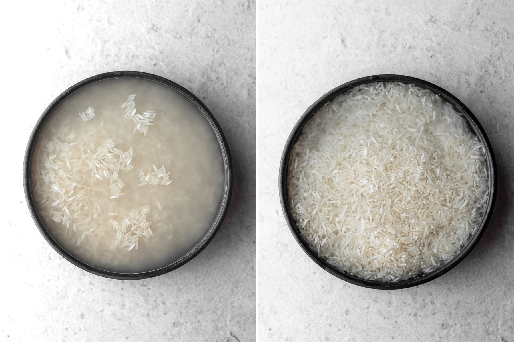 Collage of washed and unwashed basmati rice in a bowl.