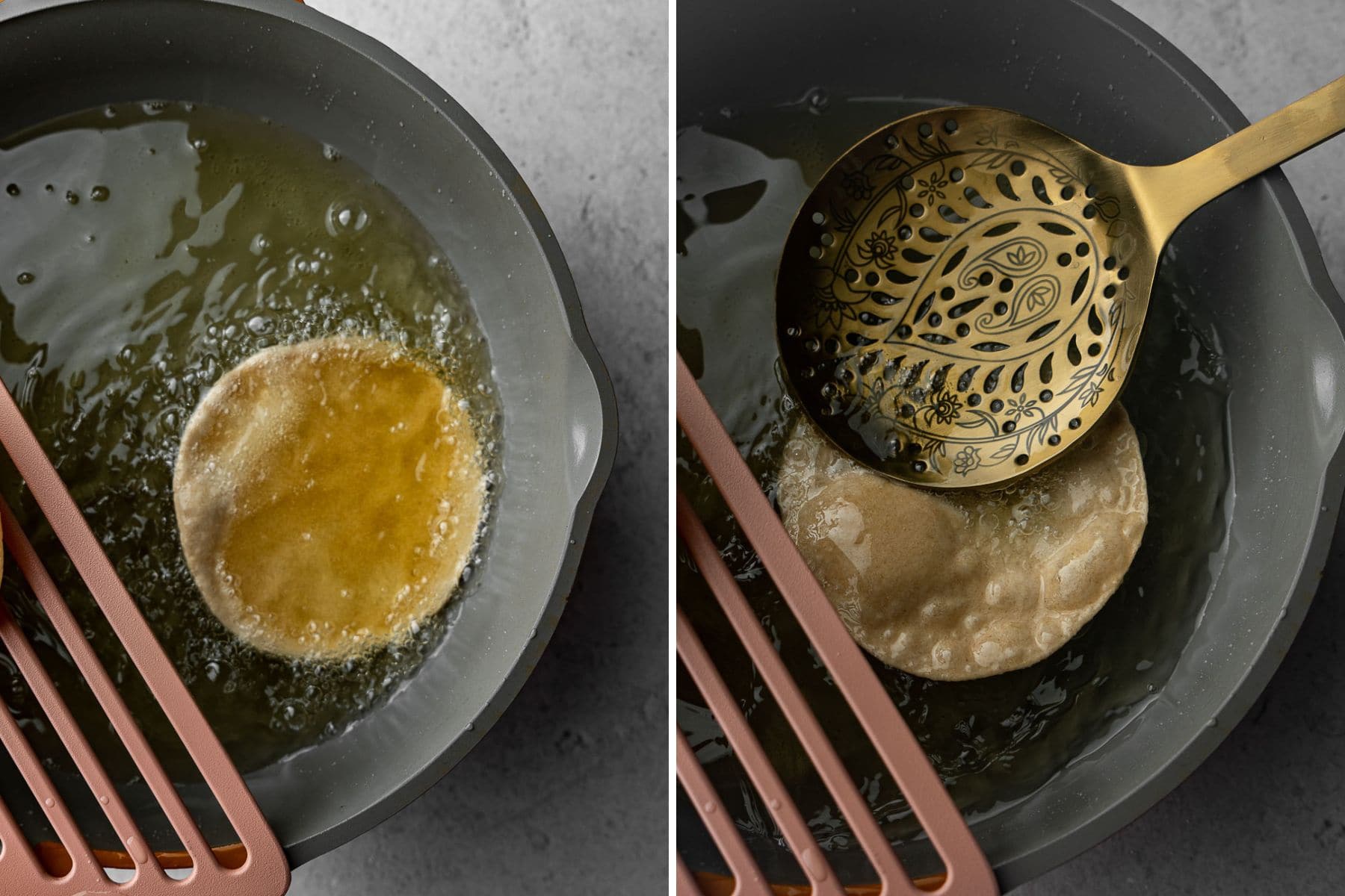 Collage of Frying Puri in Oil in a Pan with a Decorative Slotted Spoon.