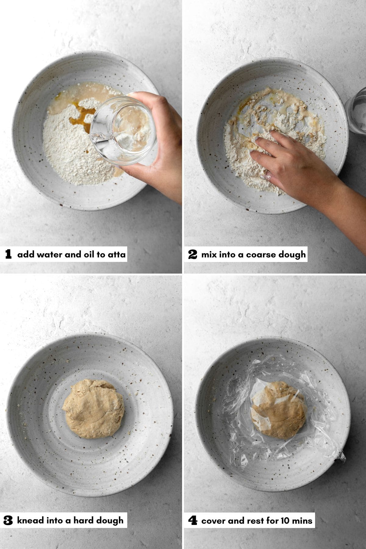 Collage of making for dough in a bowl with instruction labels.