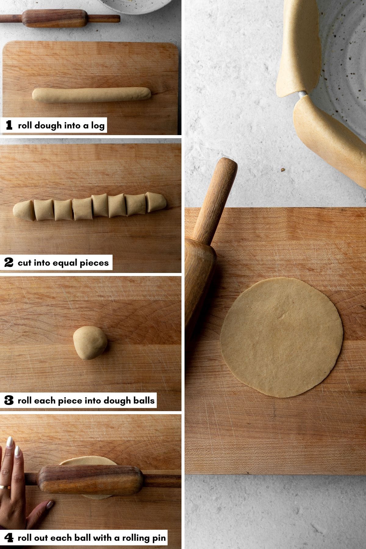 Collage of rolling out the dough for puri.