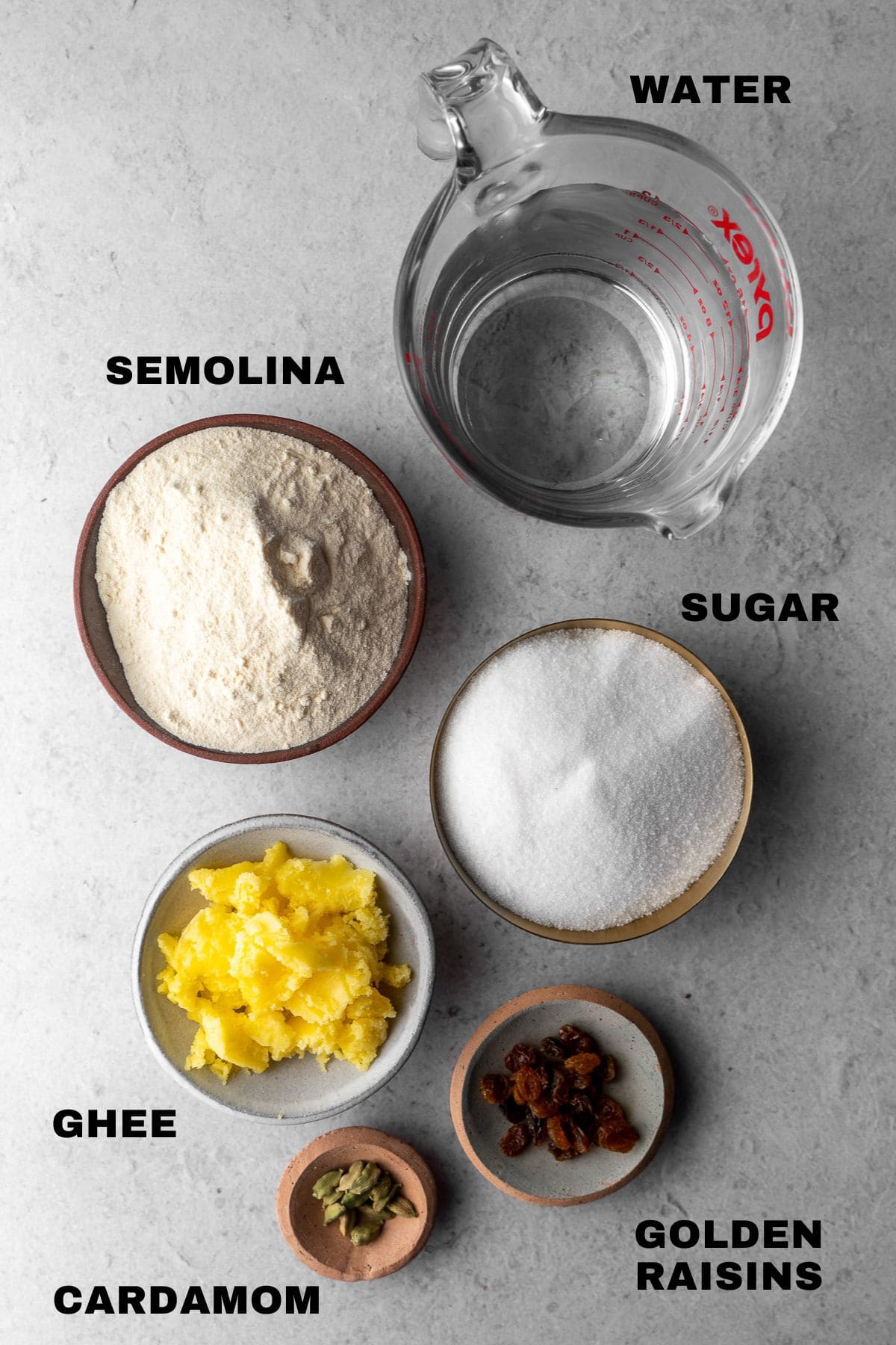 ingredients image of suji ka halwa with labels.
